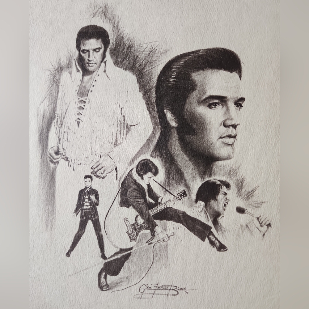 Rare '77 Elvis Presley 5 image Signed &Sketch by Glen Fortune Banse +mount/frame